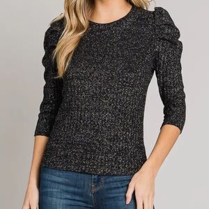 Black & Silver Shimmery Lurex Puff Sleeve Top S